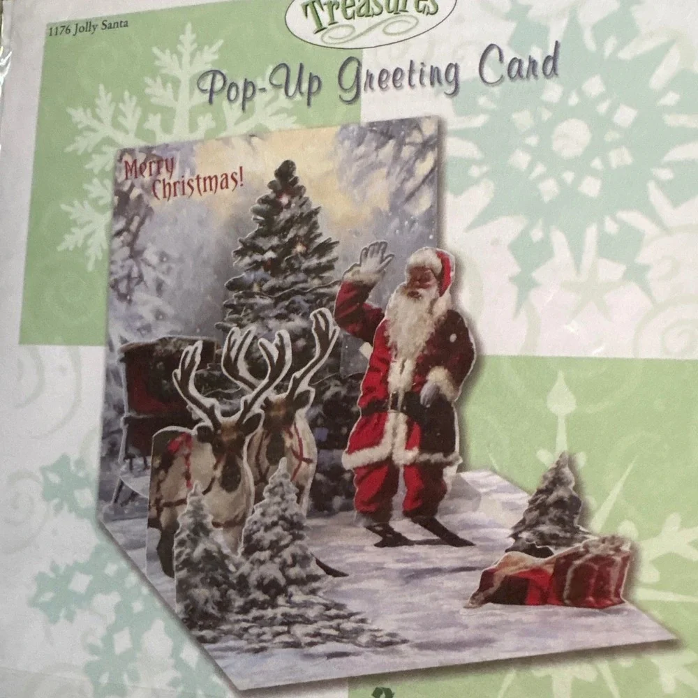 2 Treasures Pop Up Christmas Greeting Cards Jolly‎ Santa Claus Elegant Sleigh